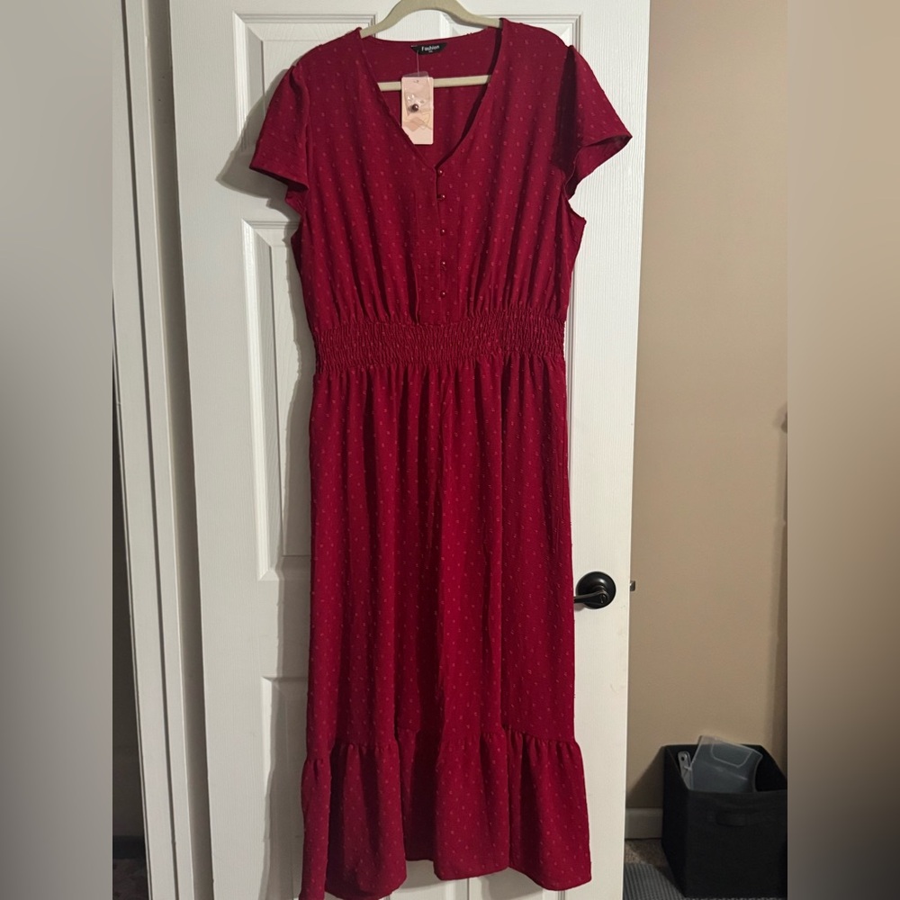 Red V-Neck maxi dress with Textured Dots
